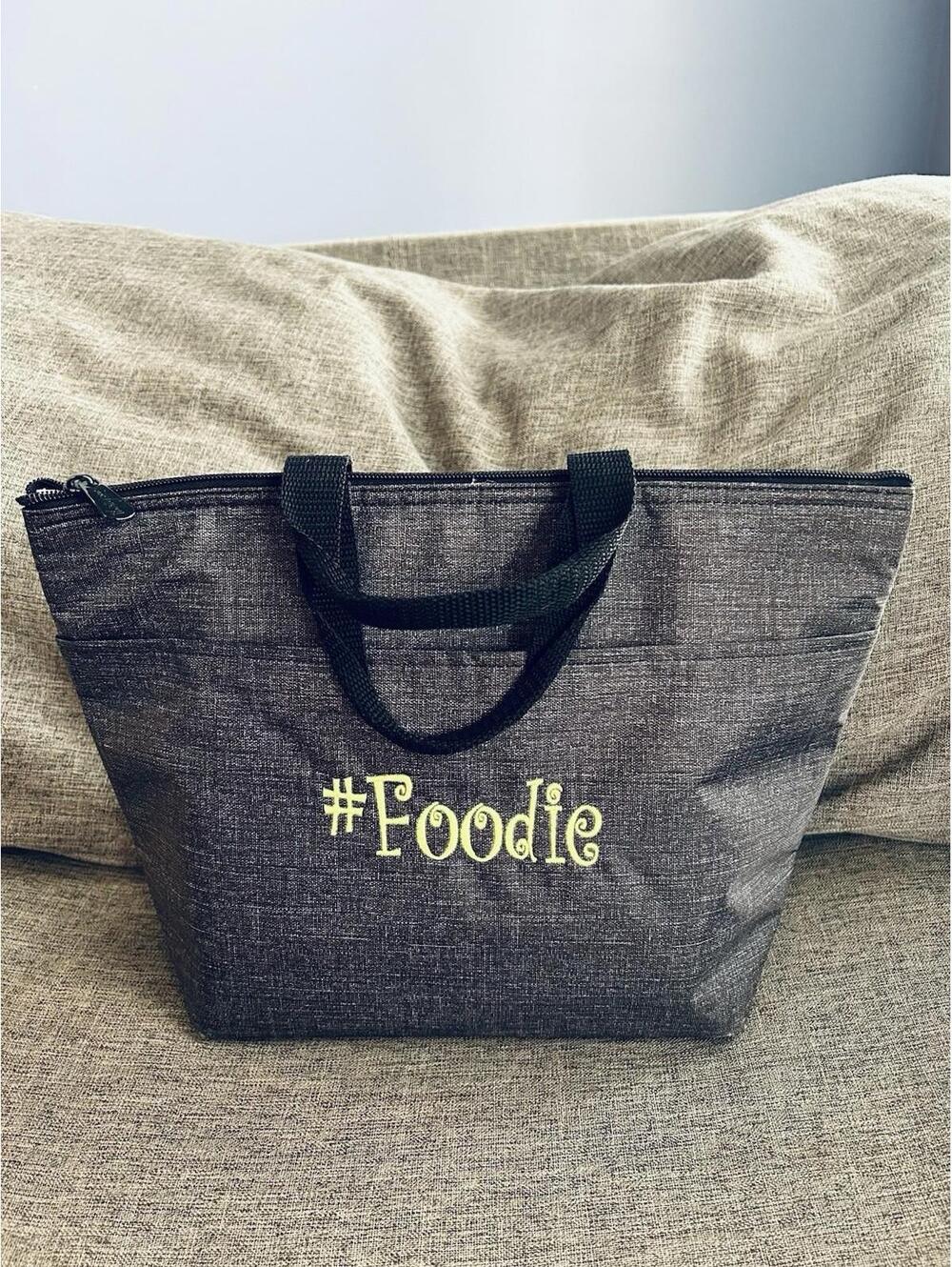 Thirty One Thermal Tote Lunch Bag In Charcoal Crosshatch Embroidered Foodie